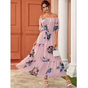 Off Shoulder Pink Floral Maxi Dress